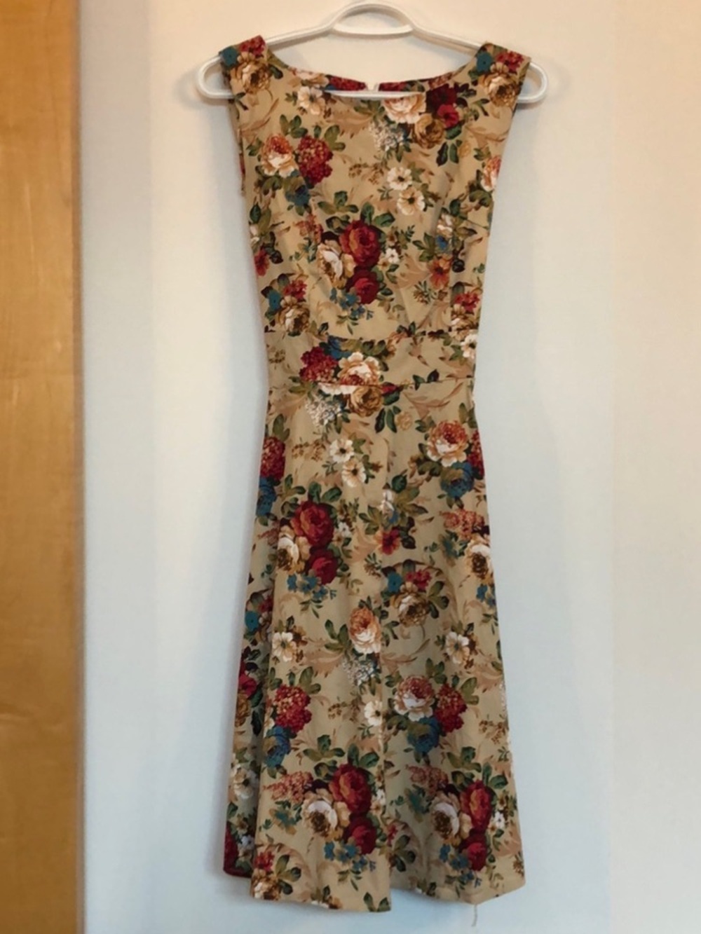 Floral Fit-and-Flare Dress in Tan with Red Accents